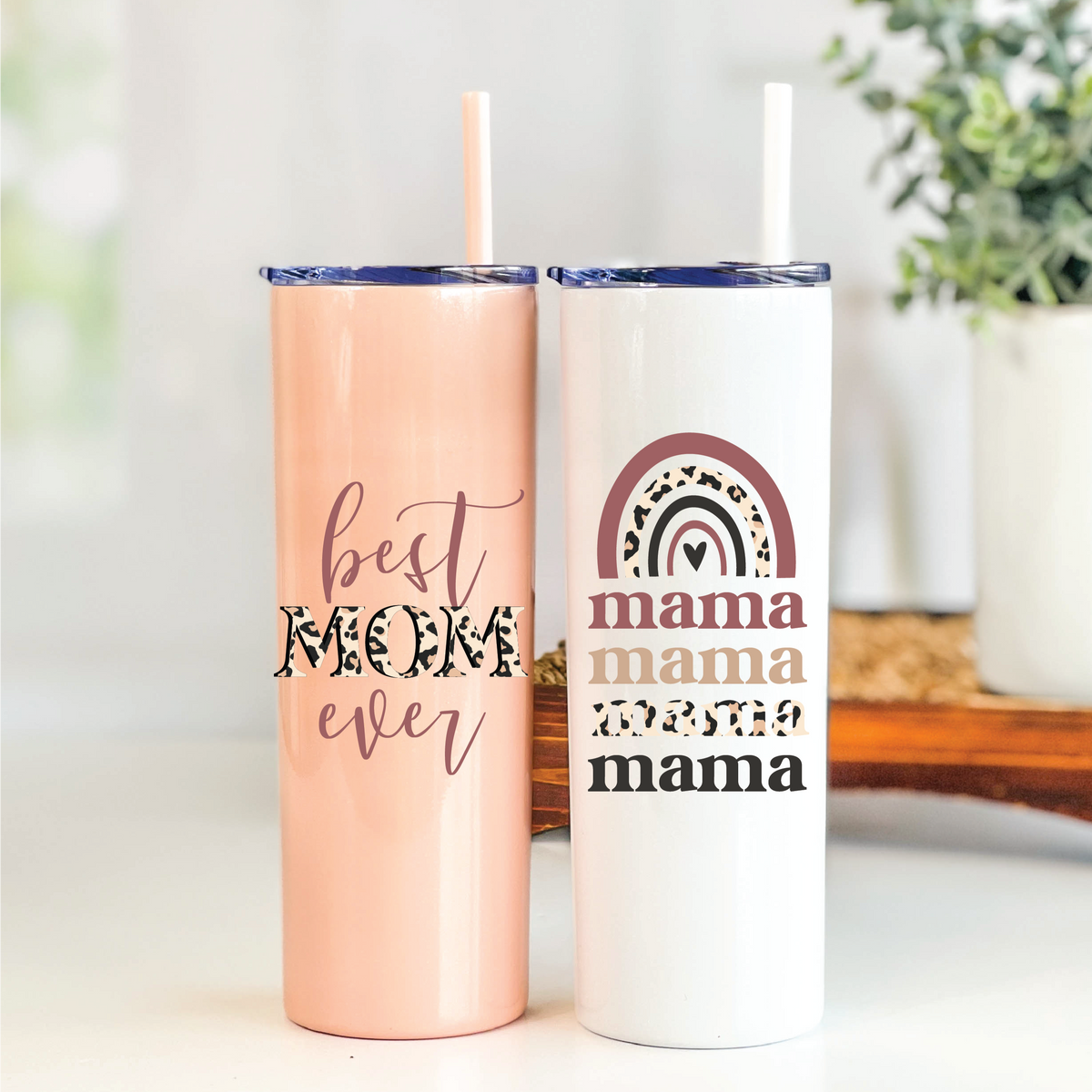 Mama Leopard Coffee Tumbler | Blush Best Mom Ever Stainless Steel drink tumbler with the Rainbow Mama White tumbler. 