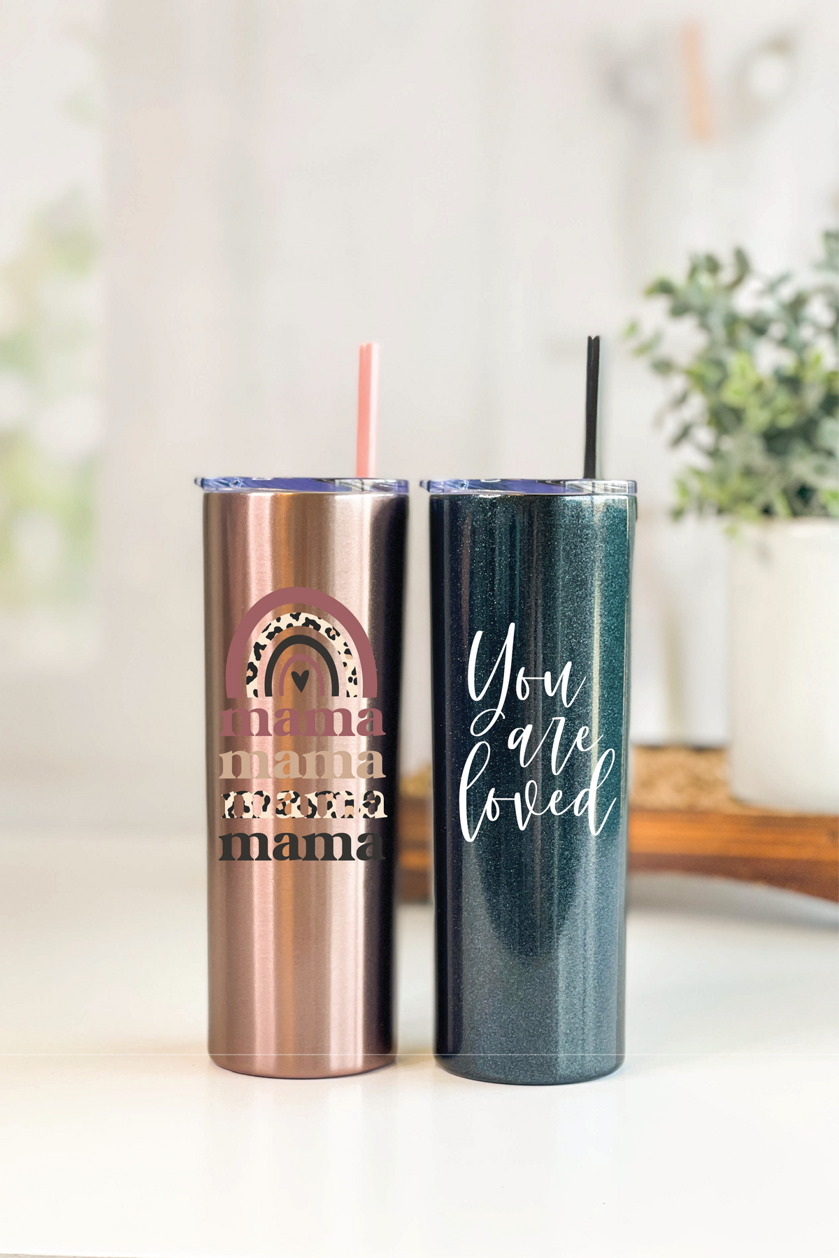 Mama Leopard Coffee Tumbler | Rose gold Rainbow Mama tumbler with the Glitter Black You are Loved drink cup. 
