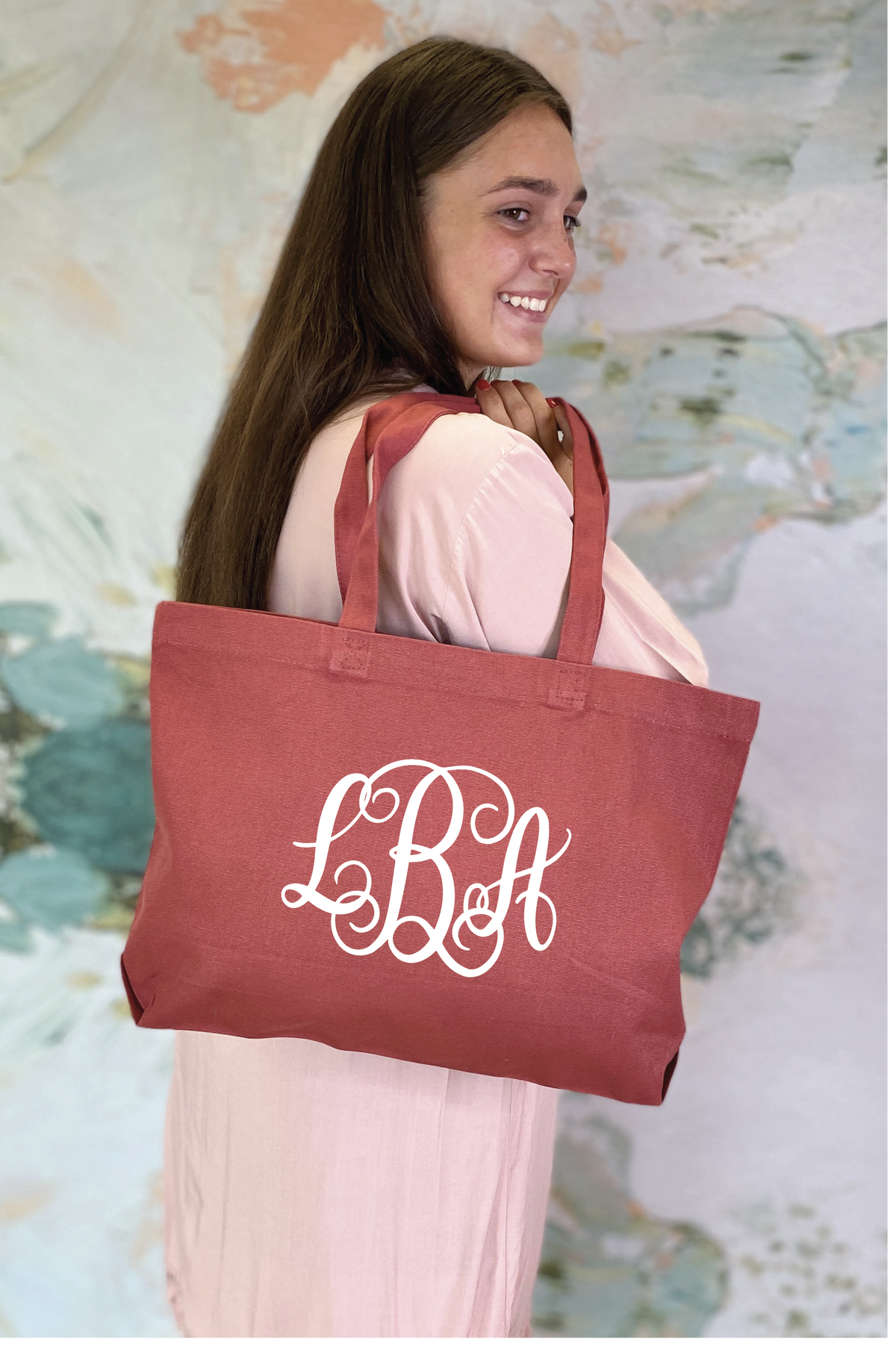 Monogrammed Tote Bags | Personalized Tote Bag for Bridesmaids Terra Cotta Red Tote Bag with 3 Letter Vine Monogram