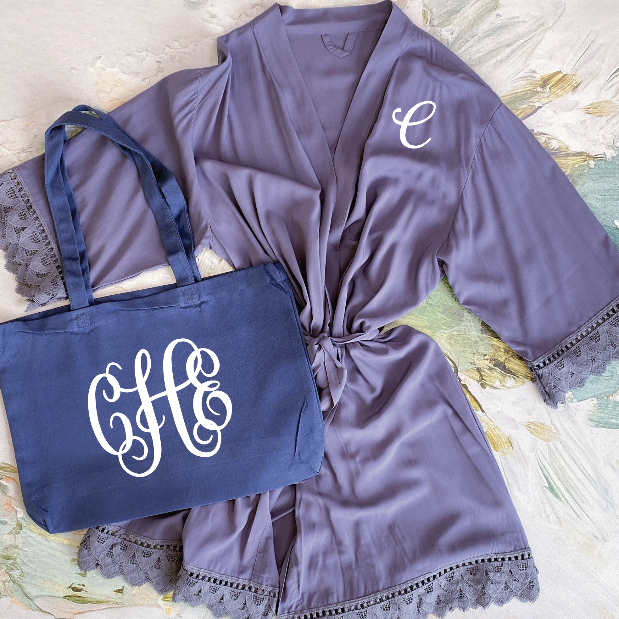 Monogrammed Tote Bags | Navy Blue Cotton Tote Bag with Vine Monogram in White